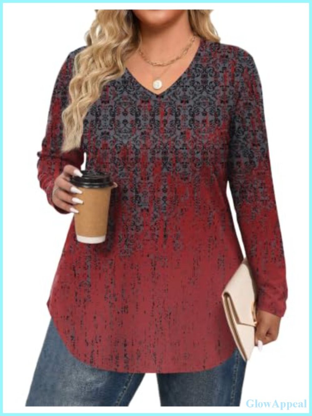 Women's Plus Size Tunic Top Long Sleeve V-Neck Loose Fit Casual Fall Blouse